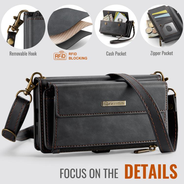 CaseMe RFID Blocking Zipper Wallet PU Leather Phone Case with Crossbody Strap - For Samsung Galaxy S25 Edge / A56 / A16 / S25 Ultra