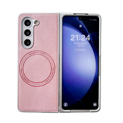 Skin Feel PU Leather Texture MagSafe Pearlescent Paint Pink Phone Case - For Samsung Galaxy Z Fold5 - MosAccessories.co.uk