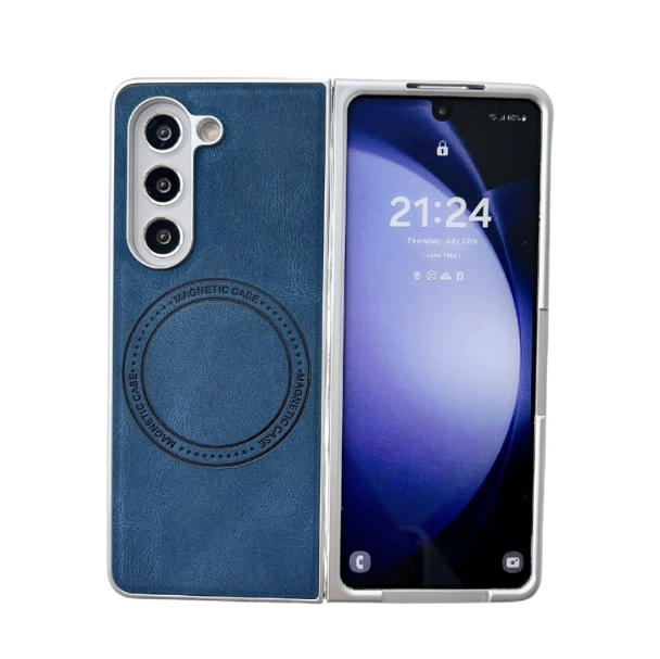 Skin Feel PU Leather Texture MagSafe Pearlescent Paint Blue Phone Case - For Samsung Galaxy Z Fold5 - MosAccessories.co.uk