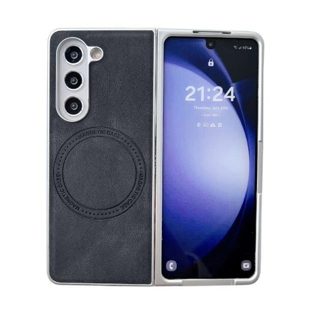 Skin Feel PU Leather Texture MagSafe Pearlescent Paint Black Phone Case - For Samsung Galaxy Z Fold5 - MosAccessories.co.uk