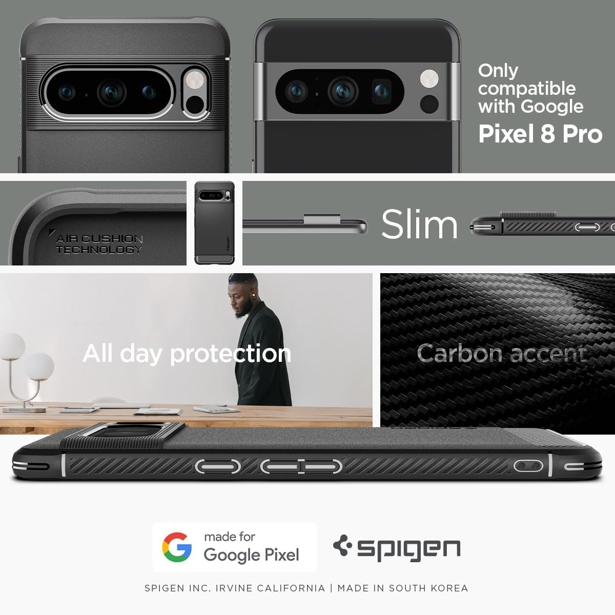 Spigen Rugged Armor Matte Black Case - For Google Pixel 8 Pro