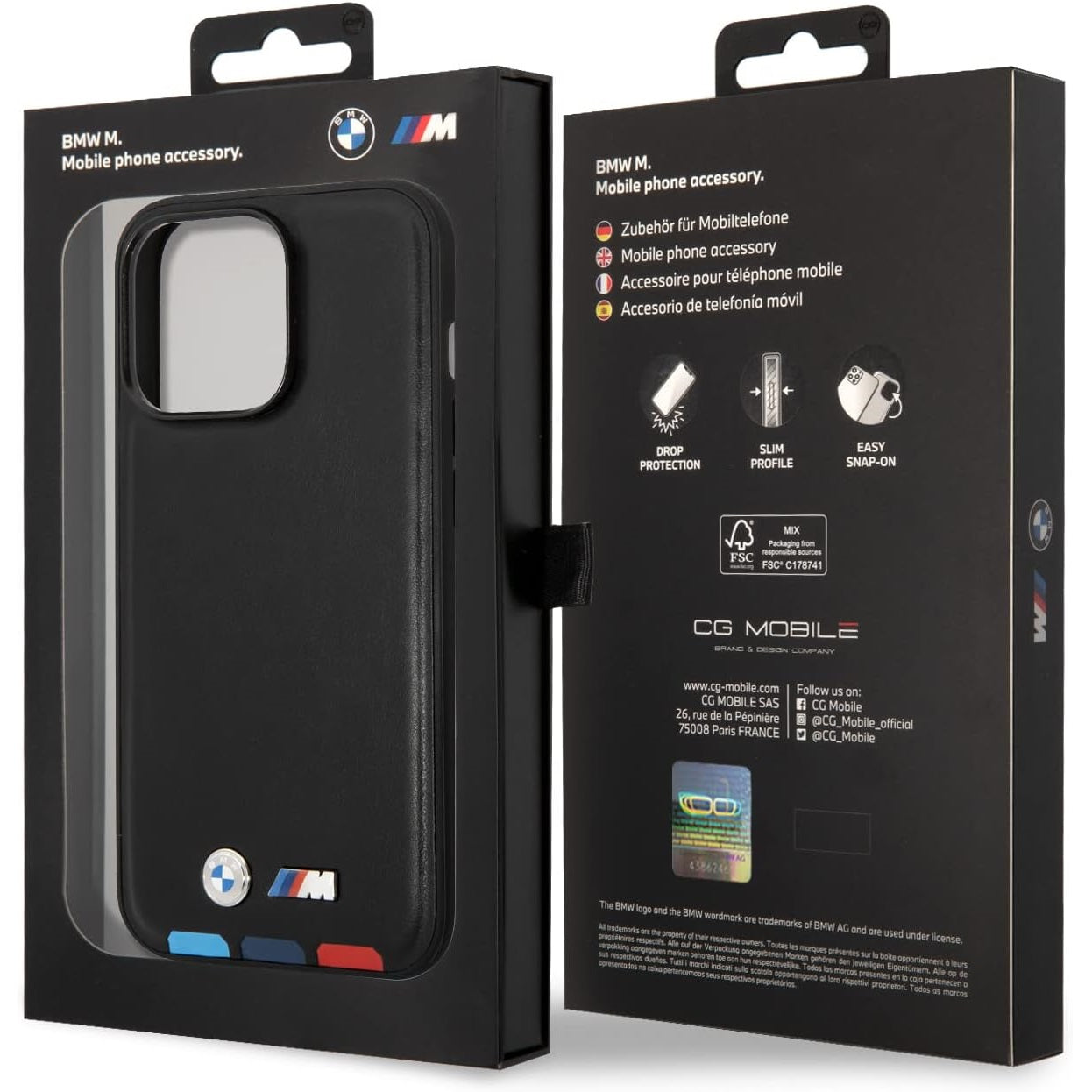 BMW Black with Tricolour Bottom Lines PU Leather M Collection Case - For iPhone 14 Pro Max - mosaccessories
