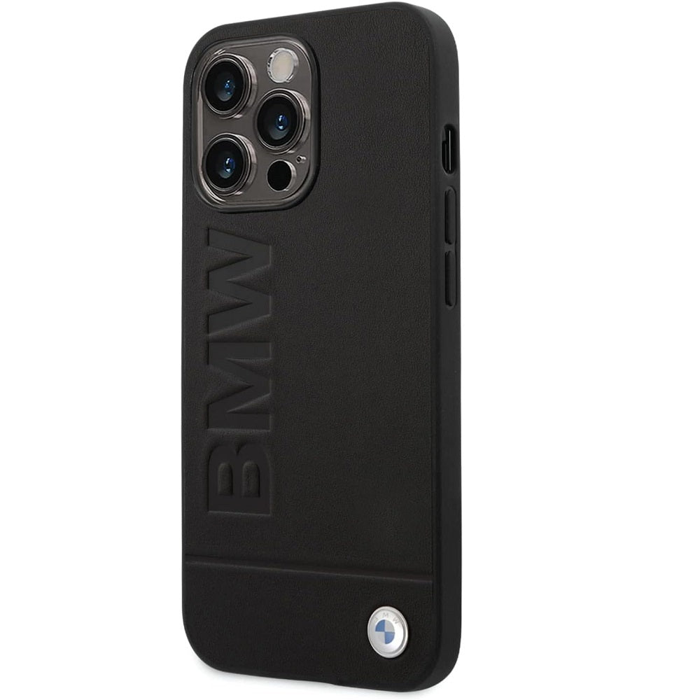BMW Black Signature Logo Imprint Hard Phone Case - For iPhone 14 Pro Max Back Left Side View- mosaccessories