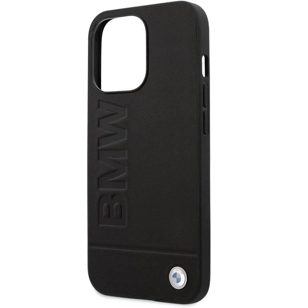 BMW Black Signature Logo Imprint Hard Phone Case - For iPhone 14 Pro Max Back Left Side View Without Phone - mosaccessories