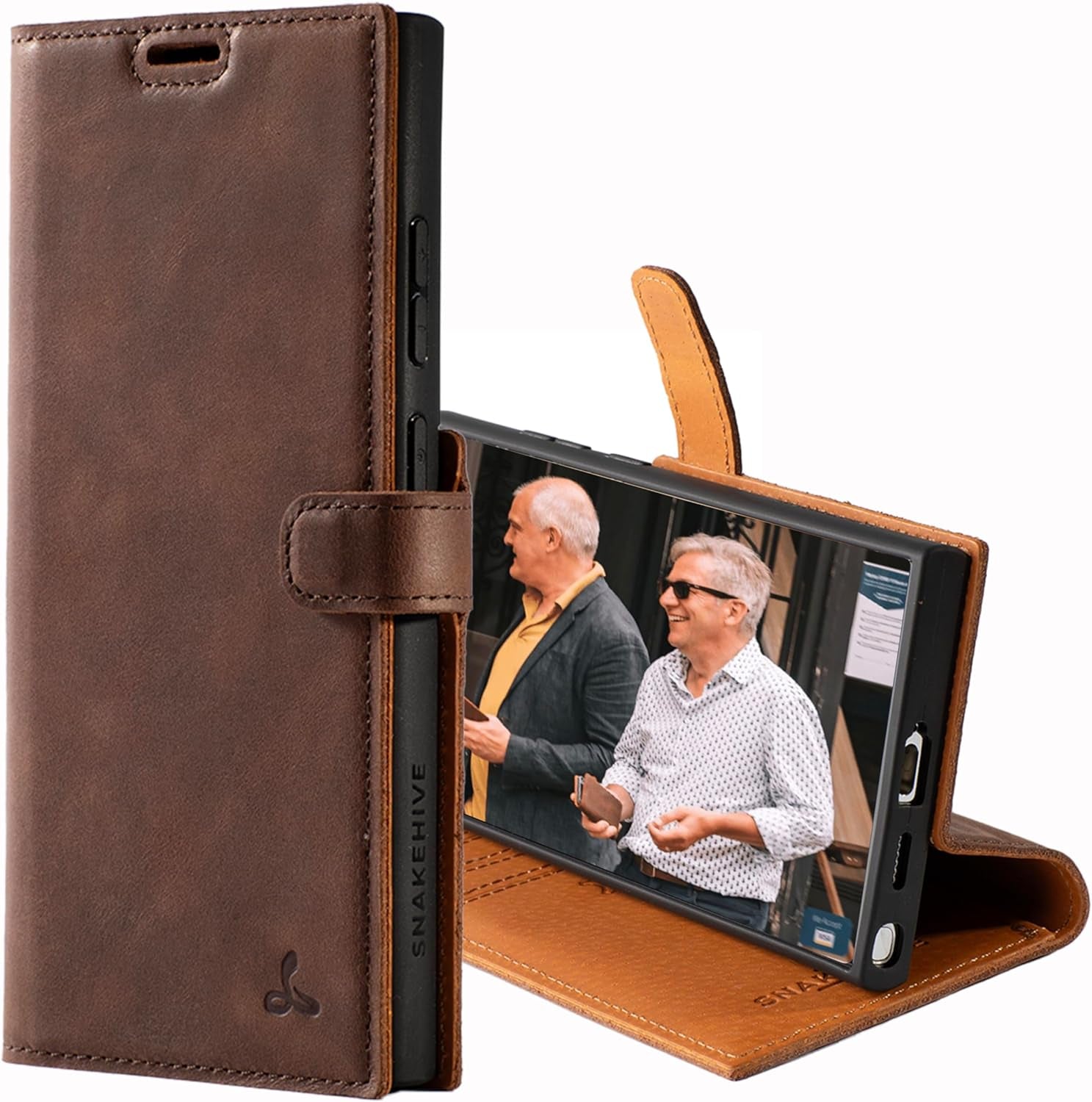 Snakehive Genuine Leather Brown Wallet Case with Viewing Stand and 3 Card Holder - For Samsung Galaxy S24 Ultra