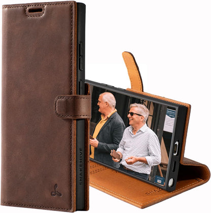 Snakehive Genuine Leather Brown Wallet Case with Viewing Stand and 3 Card Holder - For Samsung Galaxy S24 Ultra