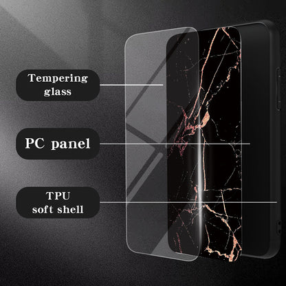 Tempered Glass + PC + TPU White Marble Pattern Printing Back Shell - For Samsung Galaxy S24