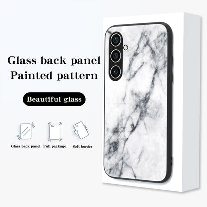 Tempered Glass + PC + TPU White Marble Pattern Printing Back Shell - For Samsung Galaxy S24