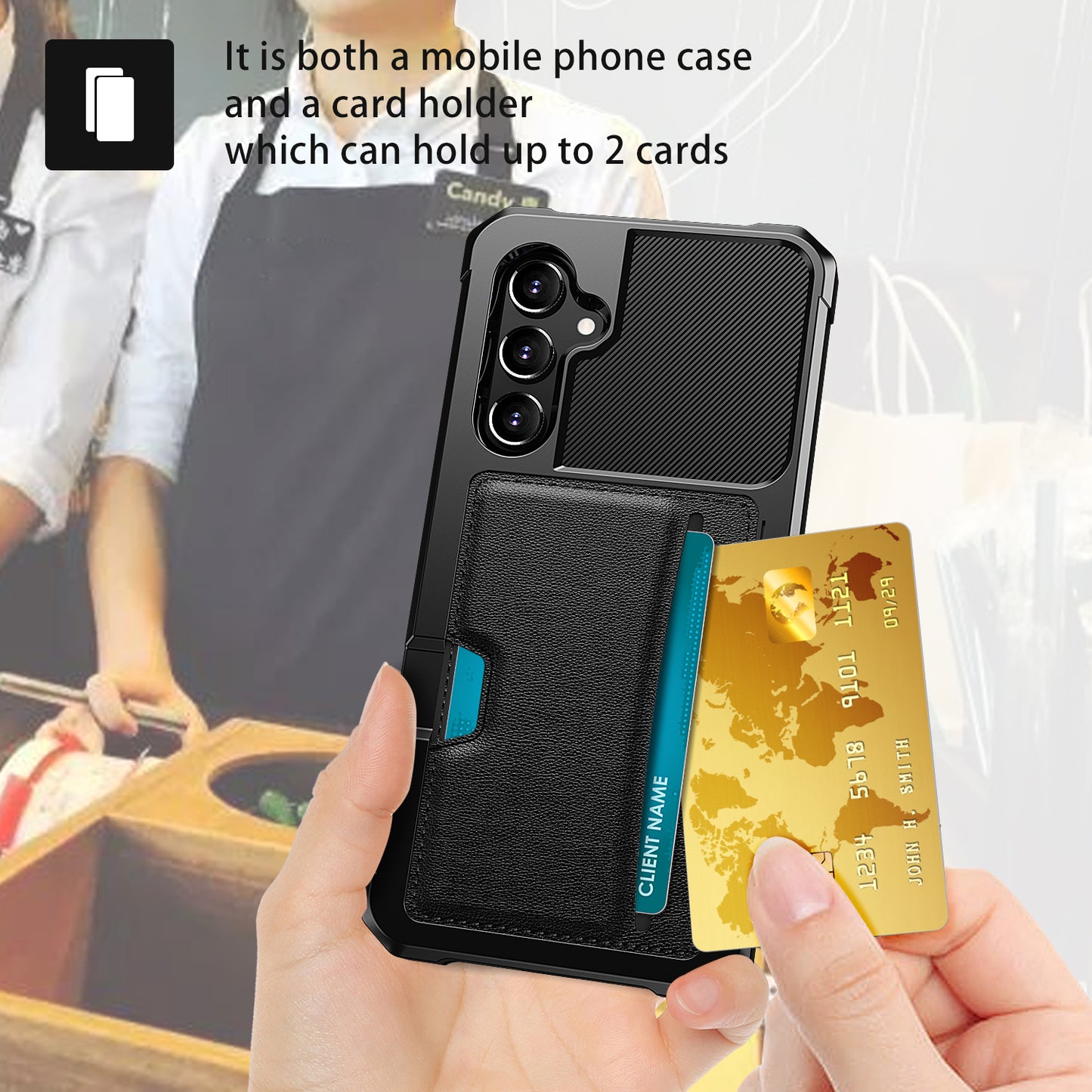 Card Slot Four Corner Drop Protection Black Phone Case - For Samsung Galaxy S24+