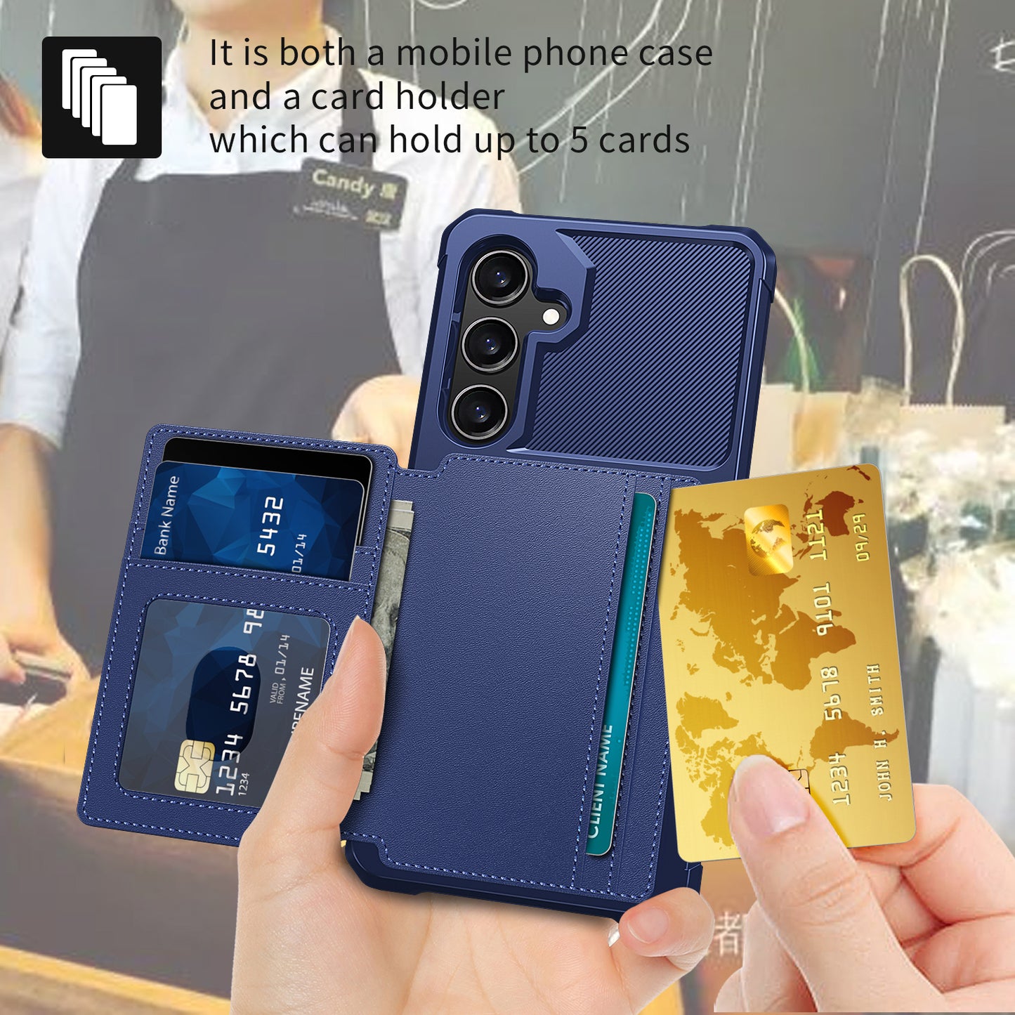 Soft TPU + PU Leather Card Slot Kickstand Blue Phone Case - For Samsung Galaxy S24