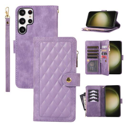 Rhombus Wallet Purse Handbag Purple Leather Phone Cover - For Samsung Galaxy S24 Ultra