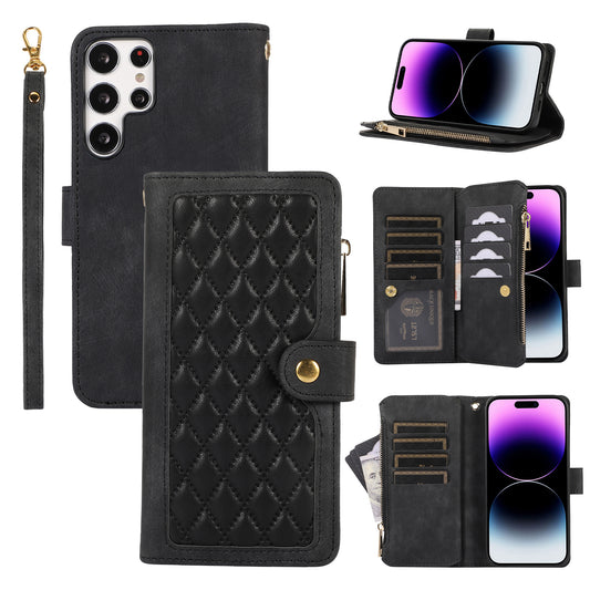 Rhombus Wallet Purse Handbag Black Leather Phone Cover - For Samsung Galaxy S24 Ultra