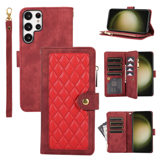 Rhombus Wallet Purse Handbag Red Leather Phone Cover - For Samsung Galaxy S24 Ultra