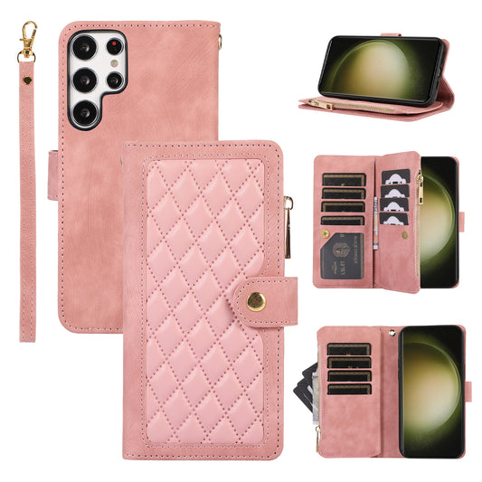 Rhombus Wallet Purse Handbag Rose Gold Leather Phone Cover - For Samsung Galaxy S24 Ultra