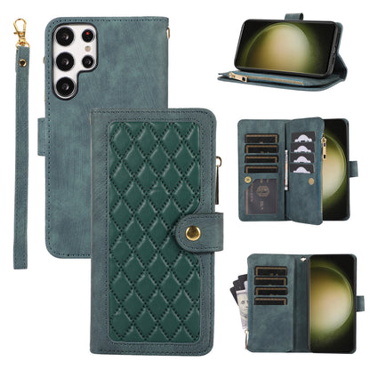 Rhombus Wallet Purse Handbag Green Leather Phone Cover - For Samsung Galaxy S24 Ultra