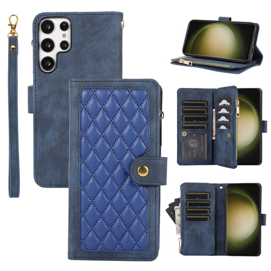 Rhombus Wallet Purse Handbag Blue Leather Phone Cover - For Samsung Galaxy S24 Ultra