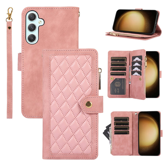 Rhombus Leather Case Stand Card Slots Rose Gold Phone Cover - For Samsung Galaxy S24