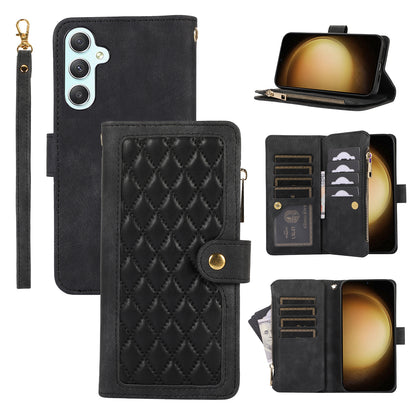 Rhombus Leather Case Stand Card Slots Black Phone Cover - For Samsung Galaxy S24