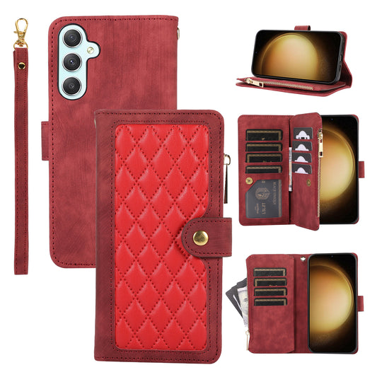 Rhombus Leather Case Stand Card Slots Red Phone Cover - For Samsung Galaxy S24