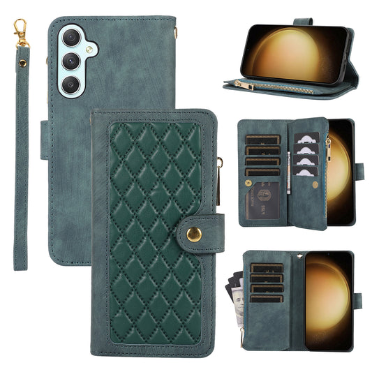 Rhombus Leather Case Stand Card Slots Green Phone Cover - For Samsung Galaxy S24