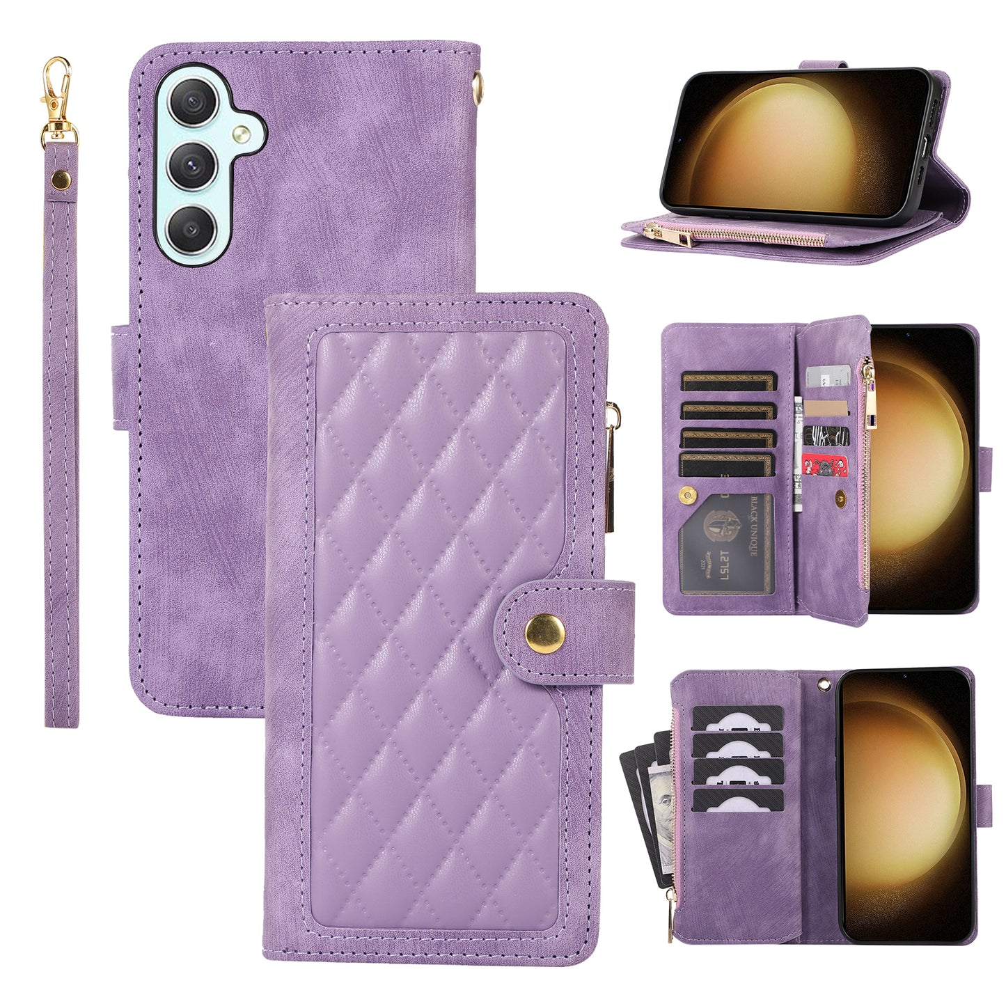 Rhombus Leather Case Stand Card Slots Purple Phone Cover - For Samsung Galaxy S24