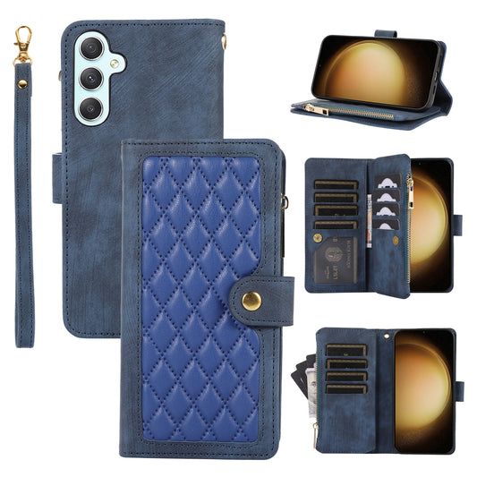 Rhombus Leather Case Stand Card Slots Blue Phone Cover - For Samsung Galaxy S24