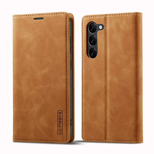 LC.IMEEKE Brown Case Microfiber Leather Folio Stand View Phone Cover - For Samsung Galaxy S24