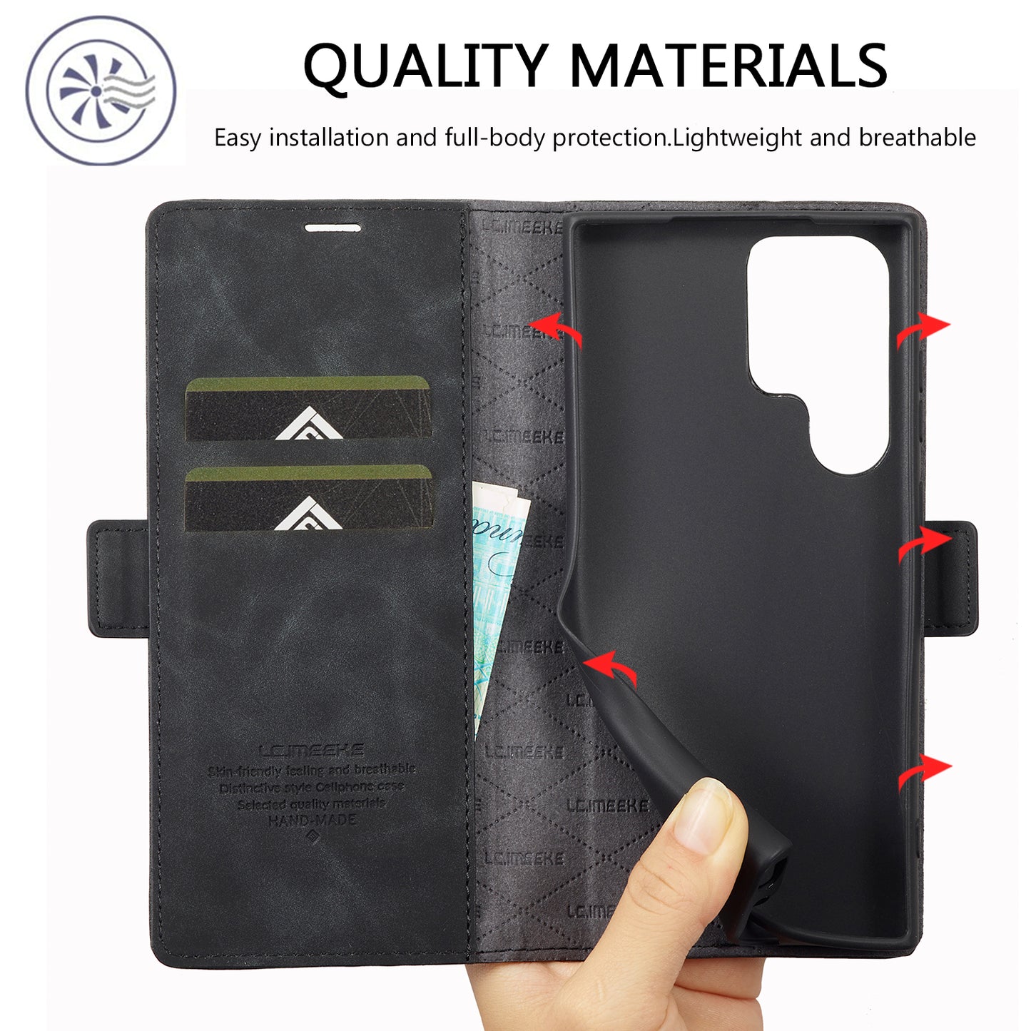 LC.IMEEKE Black Case Microfiber Leather Folio Stand View Phone Cover - For Samsung Galaxy S24 Ultra