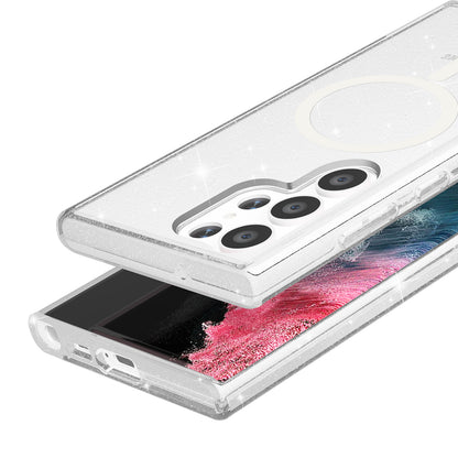 Magnetic Case Glitter Hard PC + Soft TPU White Phone Back Cover - For Samsung Galaxy S24 Ultra