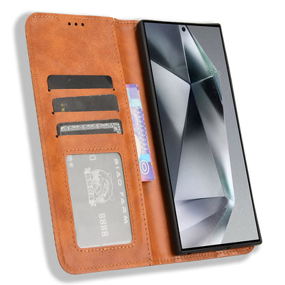 PU Leather Case Flip Phone Wallet Brown Cover - For Samsung Galaxy S24 Ultra