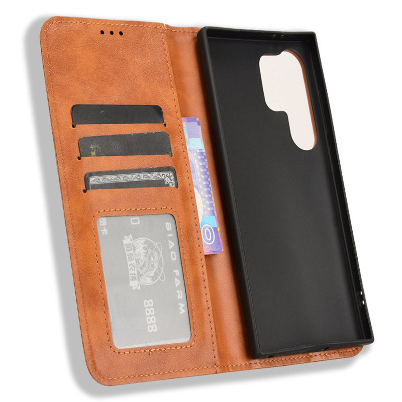 PU Leather Case Flip Phone Wallet Brown Cover - For Samsung Galaxy S24 Ultra