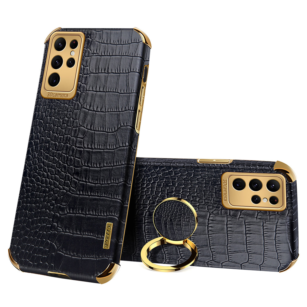 Crocodile Texture Ring Kickstand Leather + TPU Black Phone Case Cover - For Samsung Galaxy S24 Ultra