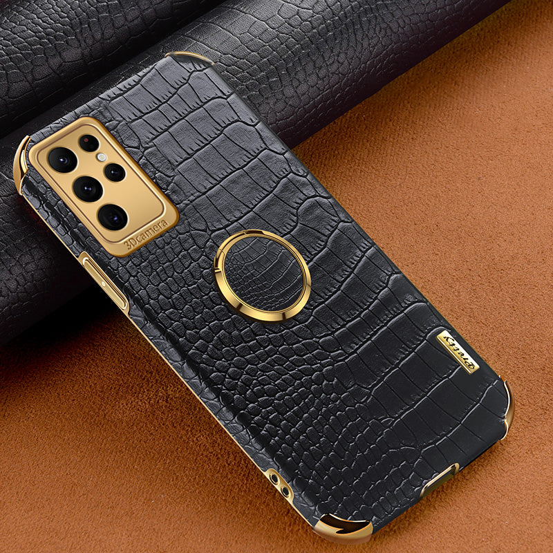 Crocodile Texture Ring Kickstand Leather + TPU Black Phone Case Cover - For Samsung Galaxy S24 Ultra