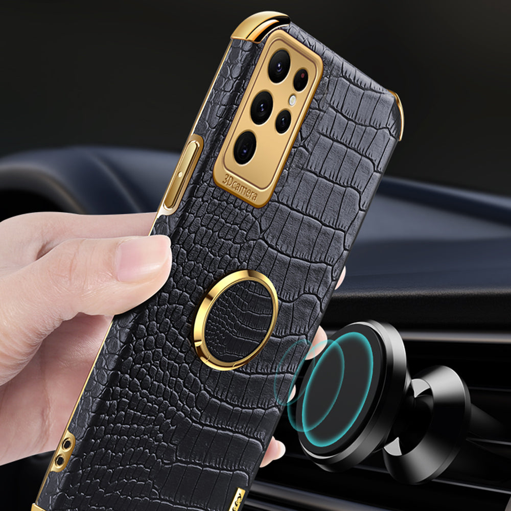 Crocodile Texture Ring Kickstand Leather + TPU Black Phone Case Cover - For Samsung Galaxy S24 Ultra