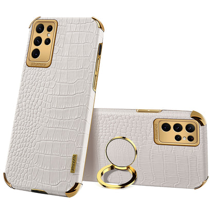 Crocodile Texture Ring Kickstand Leather + TPU White Phone Case Cover - For Samsung Galaxy S24 Ultra