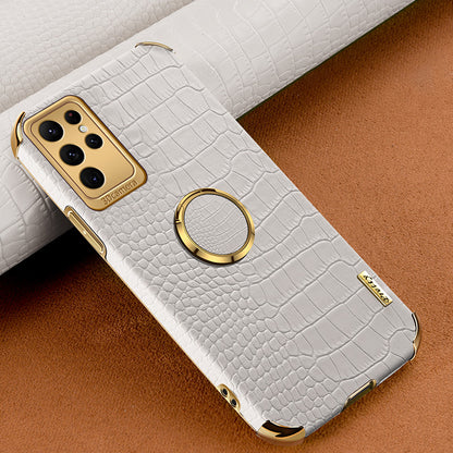 Crocodile Texture Ring Kickstand Leather + TPU White Phone Case Cover - For Samsung Galaxy S24 Ultra