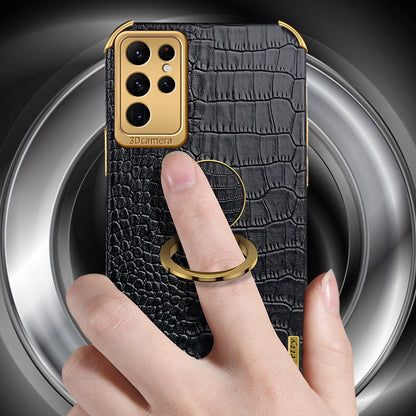 Crocodile Texture Ring Kickstand Leather + TPU White Phone Case Cover - For Samsung Galaxy S24 Ultra