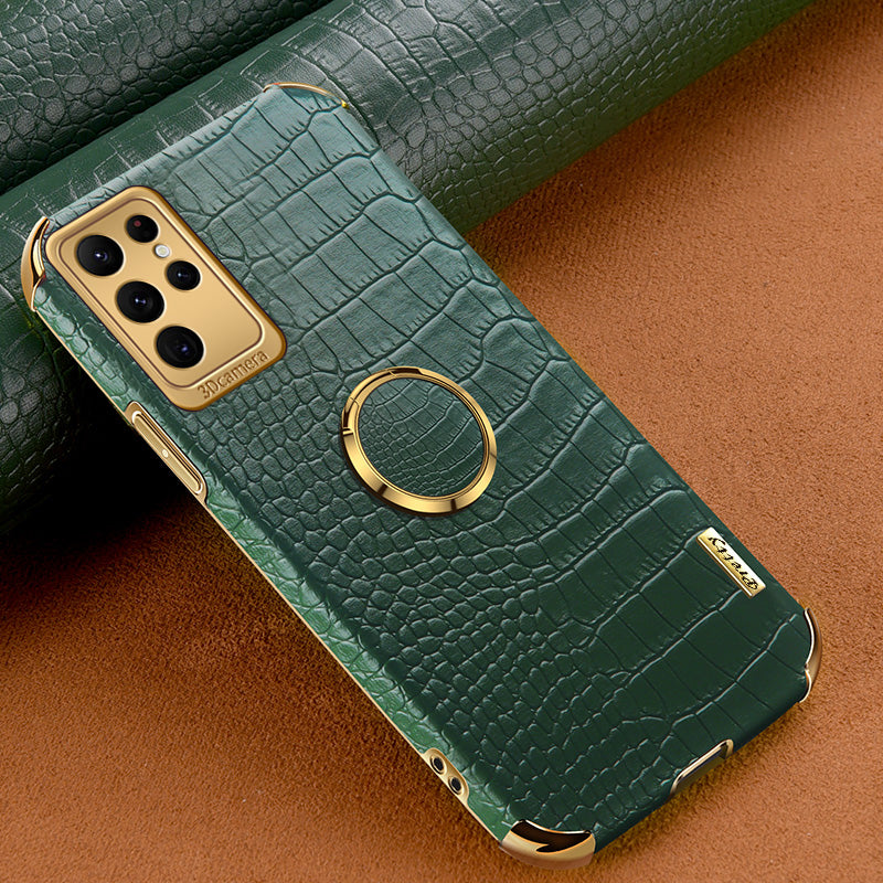 Crocodile Texture Ring Kickstand Leather + TPU Green Phone Case Cover - For Samsung Galaxy S24 Ultra