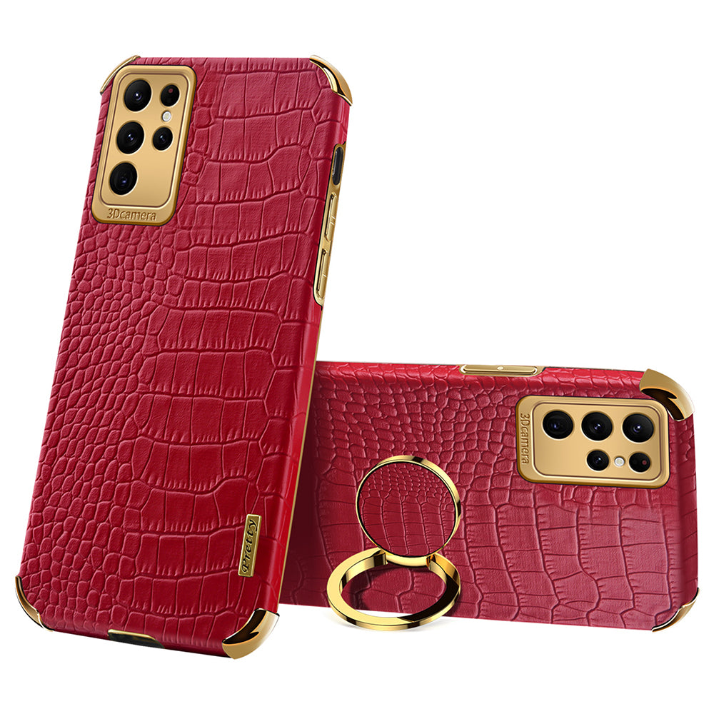 Crocodile Texture Ring Kickstand Leather + TPU Red Phone Case Cover - For Samsung Galaxy S24 Ultra
