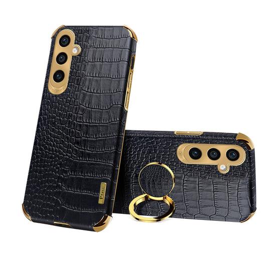 Crocodile Texture Electroplated Leather + TPU Black Phone Cover with Kickstand - For Samsung Galaxy S24