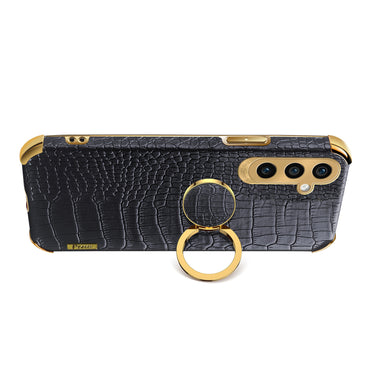 Crocodile Texture Electroplated Leather + TPU Black Phone Cover with Kickstand - For Samsung Galaxy S24