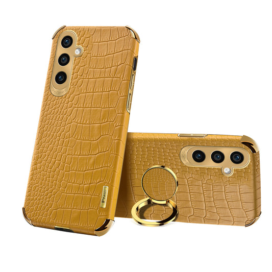 Crocodile Texture Electroplated Leather + TPU Yellow Phone Cover with Kickstand - For Samsung Galaxy S24