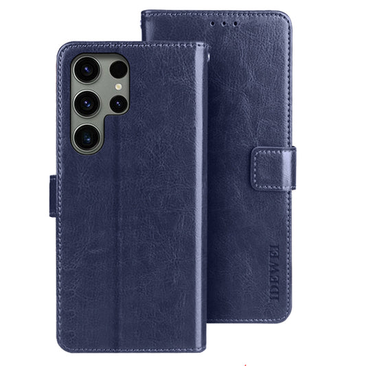 IDEWEI Dark Blue Leather Case Crazy Horse Leather Folio Flip Phone Wallet - For Samsung Galaxy S24 Ultra