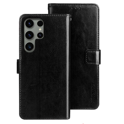 IDEWEI Black Leather Case Crazy Horse Leather Folio Flip Phone Wallet - For Samsung Galaxy S24 Ultra
