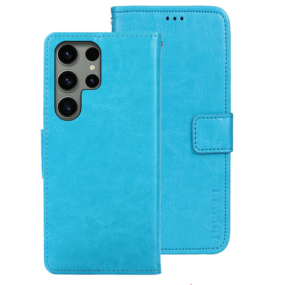 IDEWEI Sky Blue Leather Case Crazy Horse Leather Folio Flip Phone Wallet - For Samsung Galaxy S24 Ultra