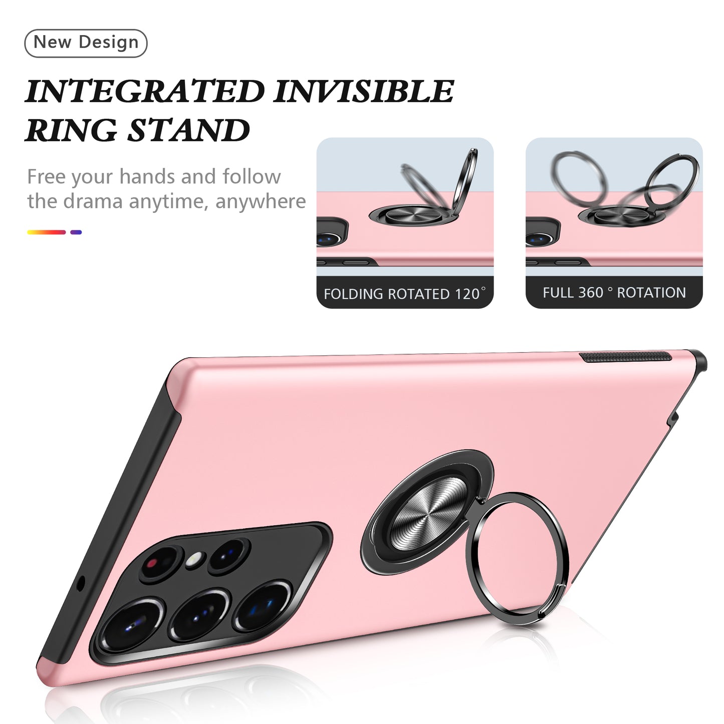 Anti-scratch Ring Kickstand Rose Gold Back Shell - For Samsung Galaxy S24 Ultra