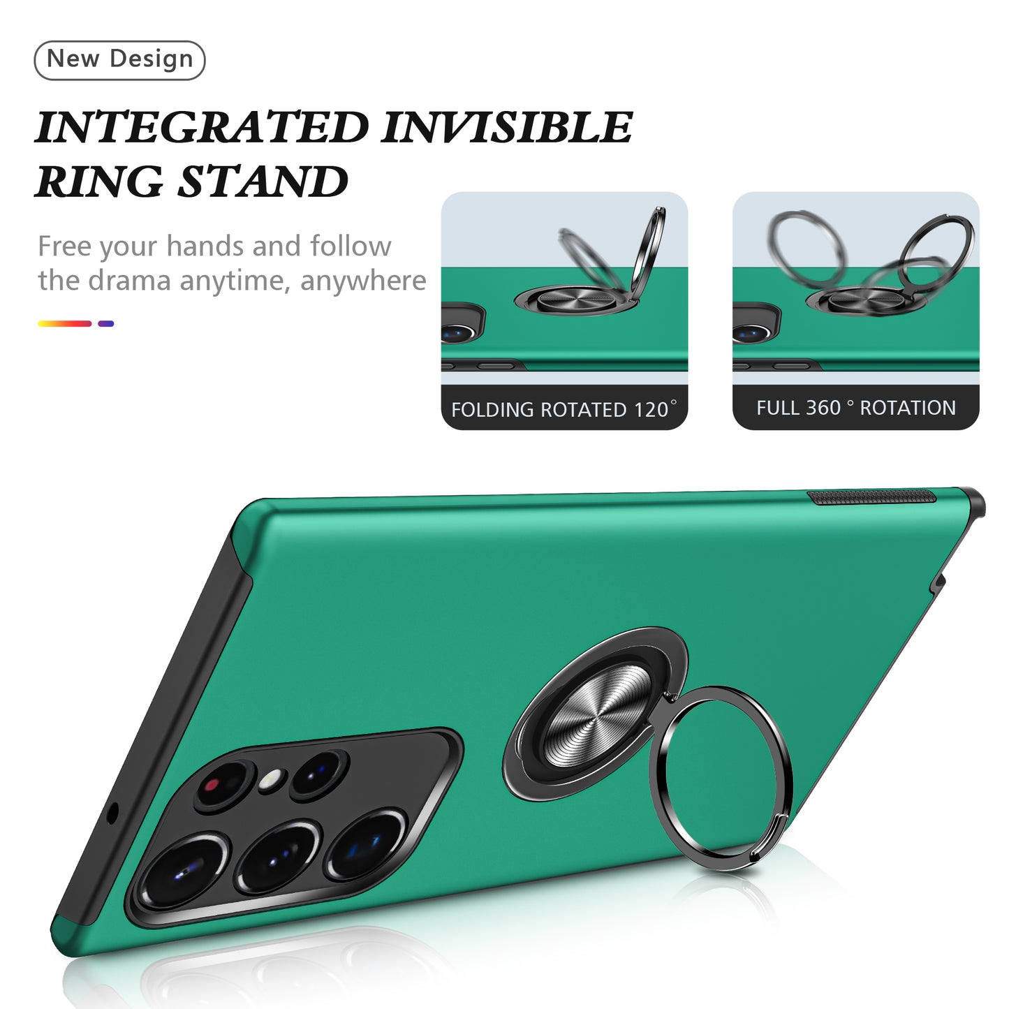 Anti-scratch Ring Kickstand Green Back Shell - For Samsung Galaxy S24 Ultra