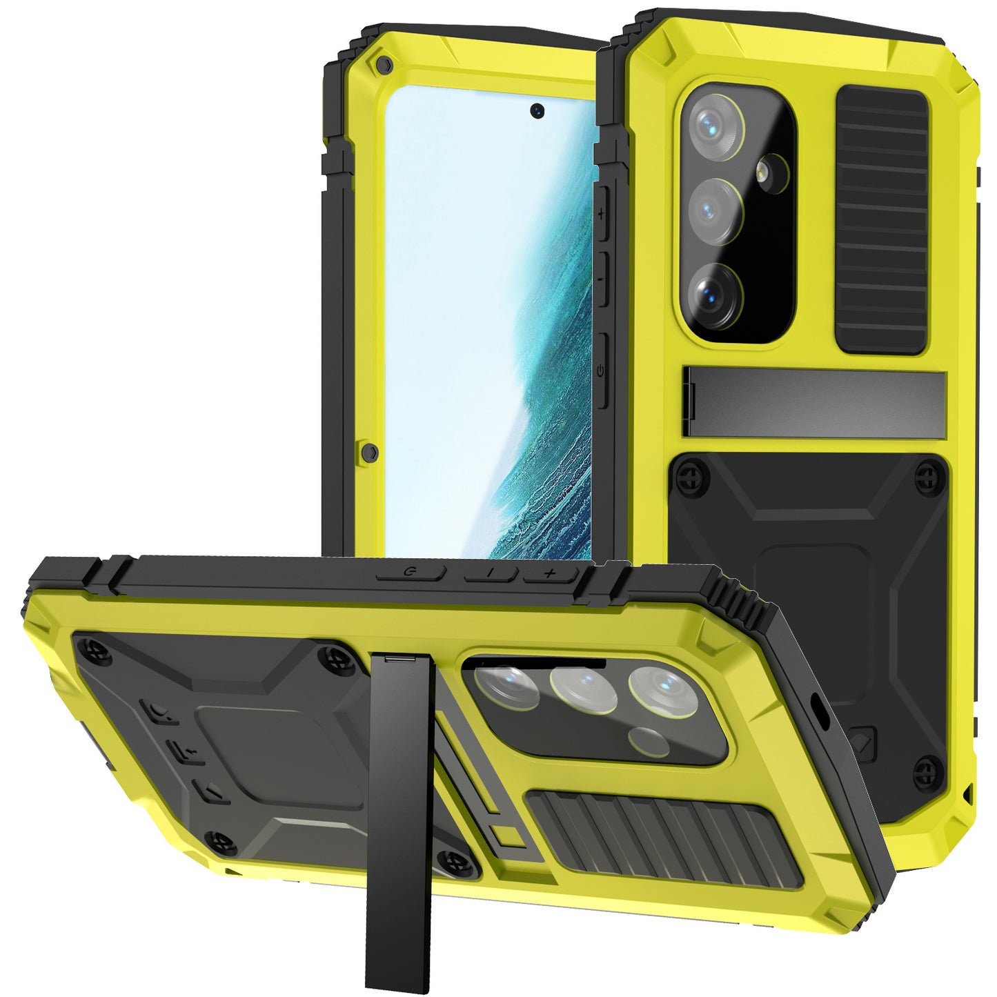R-JUST Yellow Phone Case Kickstand Cover Built-in Tempered Glass Screen Protector - For Samsung Galaxy S24+