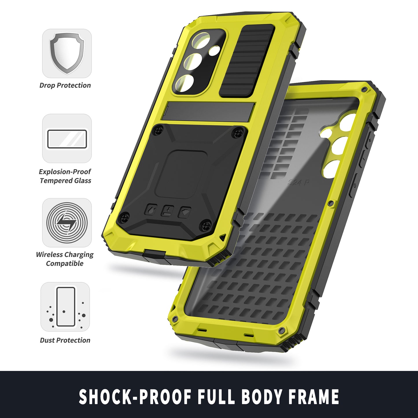 R-JUST Yellow Phone Case Kickstand Cover Built-in Tempered Glass Screen Protector - For Samsung Galaxy S24+