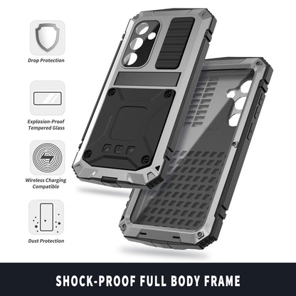 R-JUST Silver Phone Case Kickstand Cover Built-in Tempered Glass Screen Protector - For Samsung Galaxy S24+
